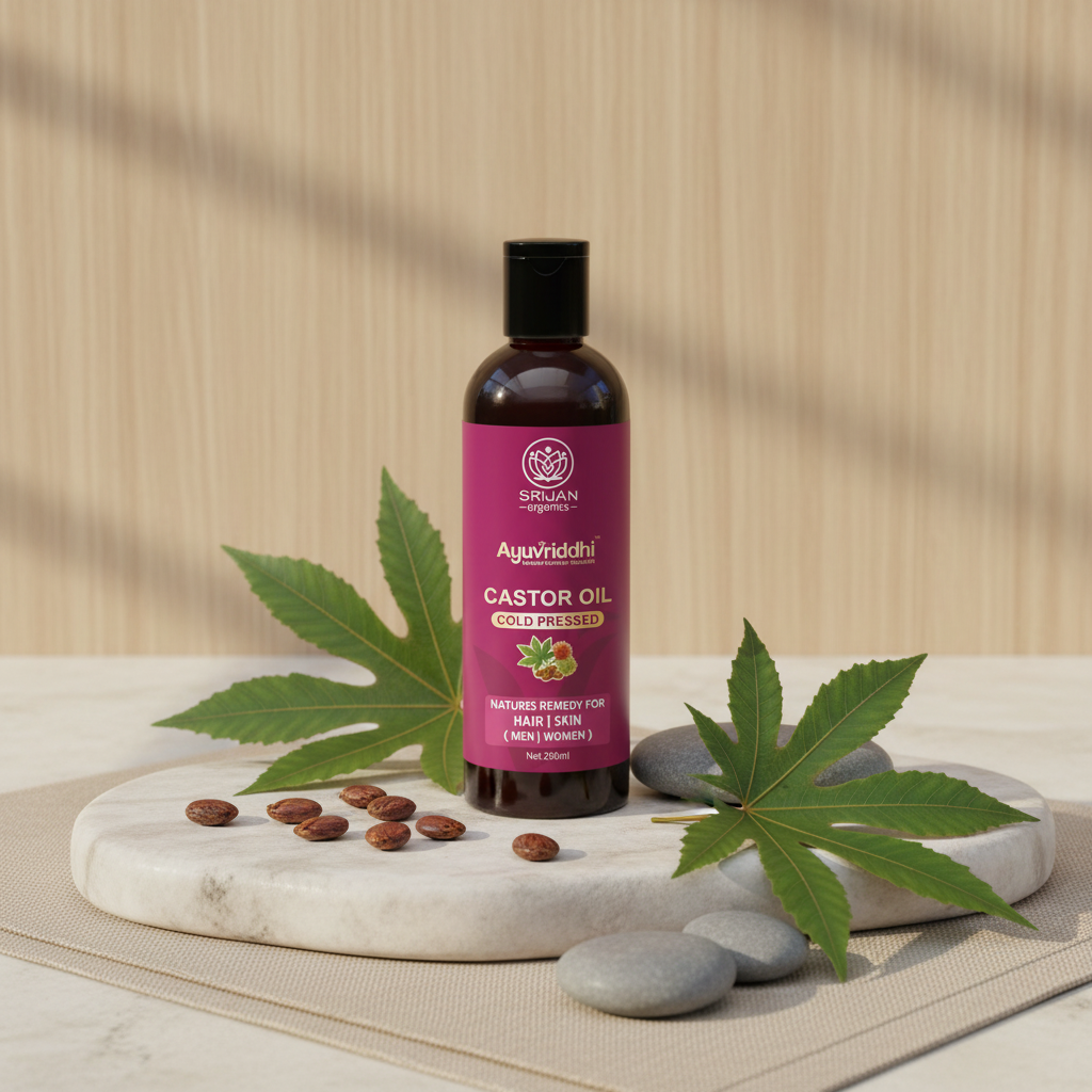 Ayuvriddhi Castor Oil 200ml sophisticated Ayurvedic setting